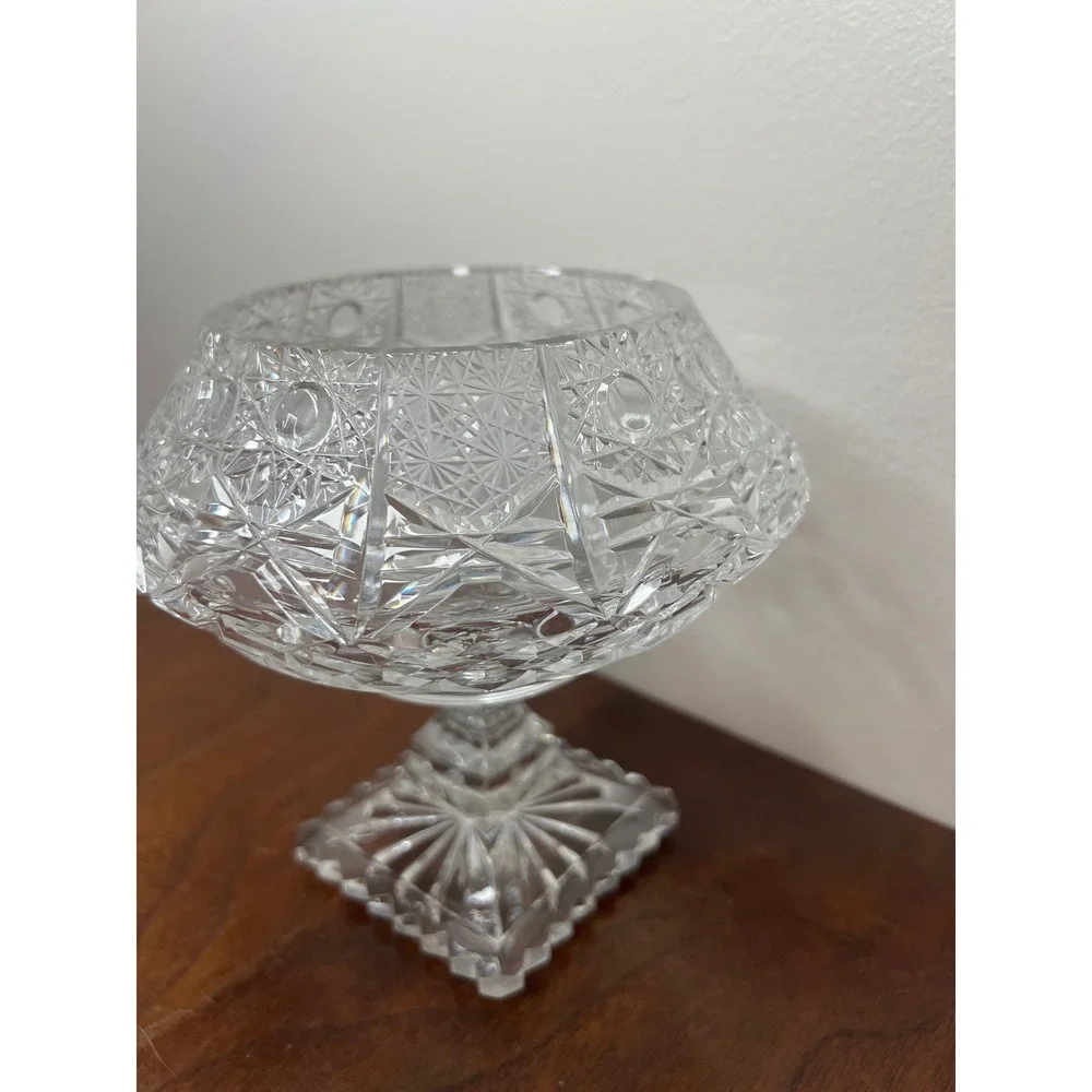 Vintage Cut‎ Crystal Glass Pedestal Compote  Vase ABP Style Hobstar 6.5